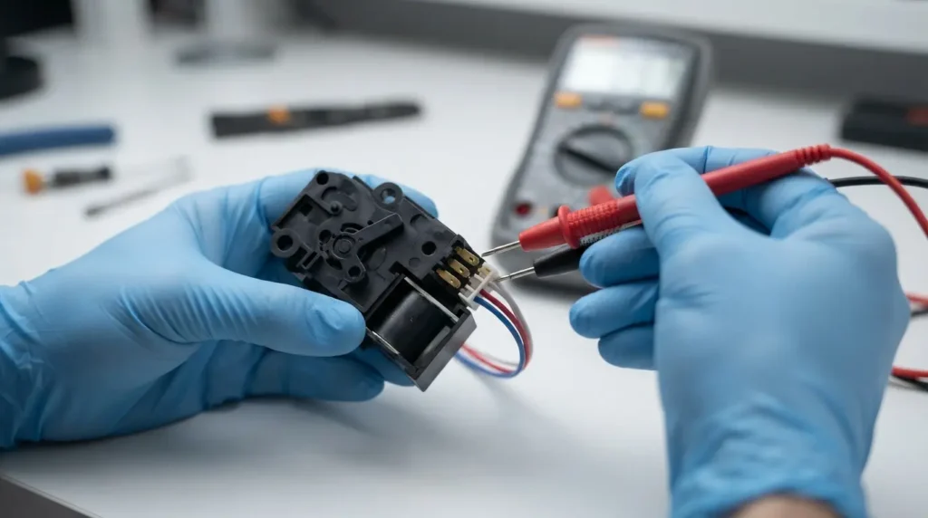Multimeter probes touching the terminals of a removed washer door lock assembly held in gloved hands