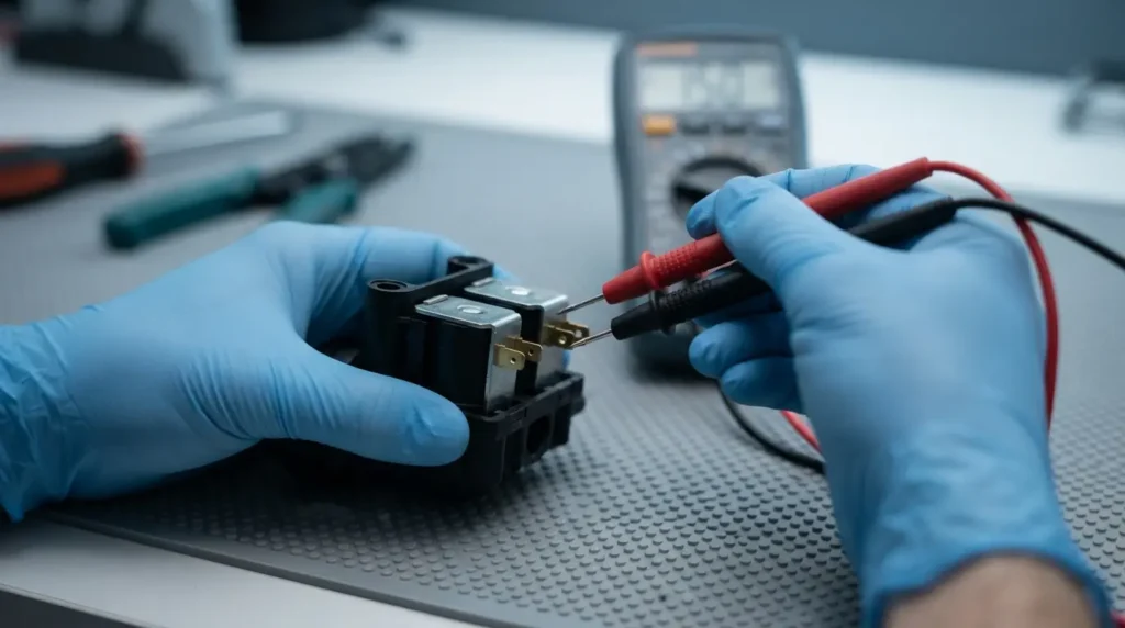 Multimeter probes touching the coil terminals of a washer water inlet valve to check resistance