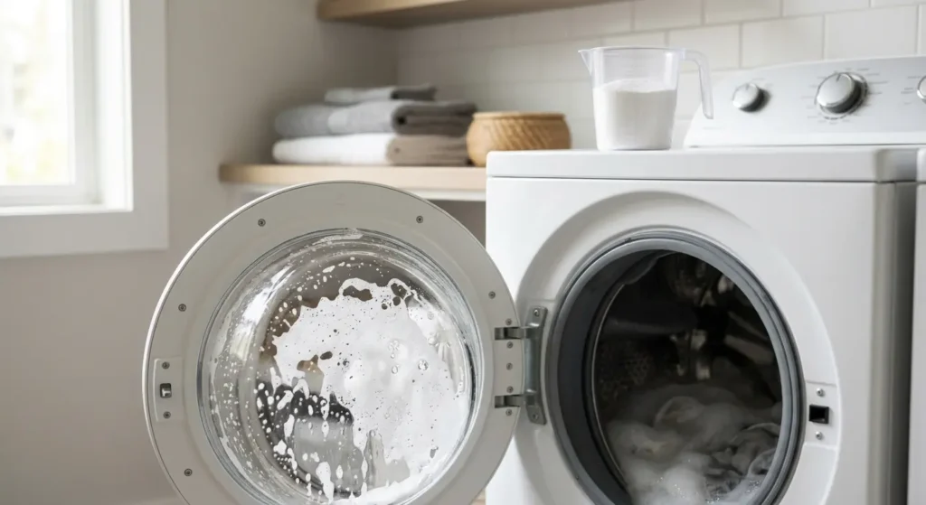 Excess suds against a washer door glass beside a detergent measuring cup.