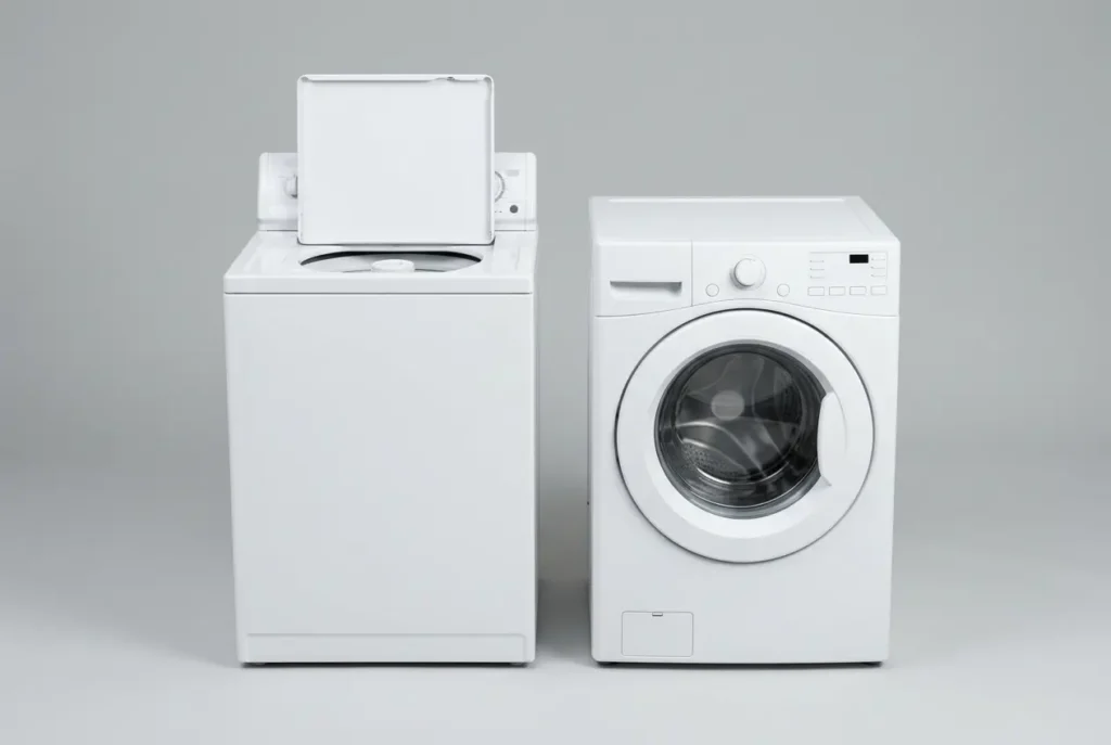 Top-load washer with its lid open next to a front-load washer with its door closed