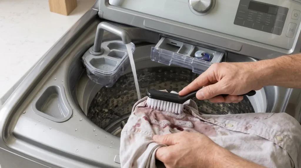 Built-in pretreat faucet and brush on a Whirlpool top-load washer used to treat a stained shir