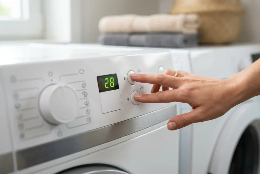Frigidaire washer Service Mode: Finger pressing and holding two buttons on an electronic touchpad washer control panel