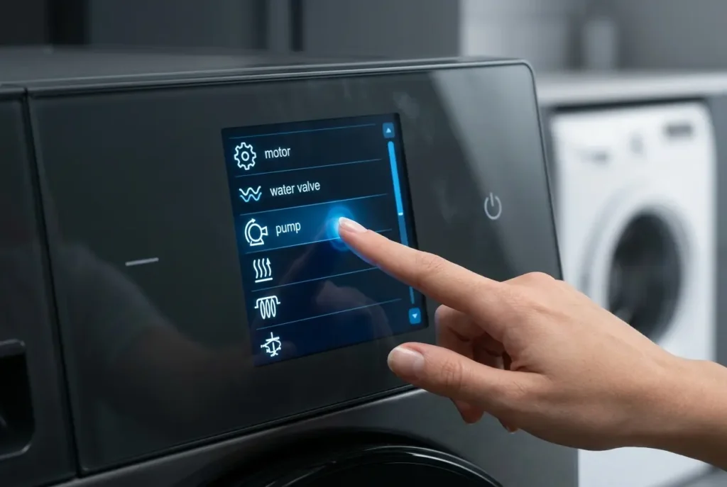 Full touch LCD washer control panel displaying a scrollable diagnostic test menu