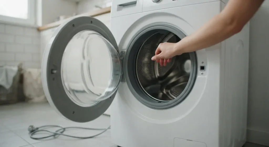 Hand turning an empty washer drum to check for gritty or stiff rotation