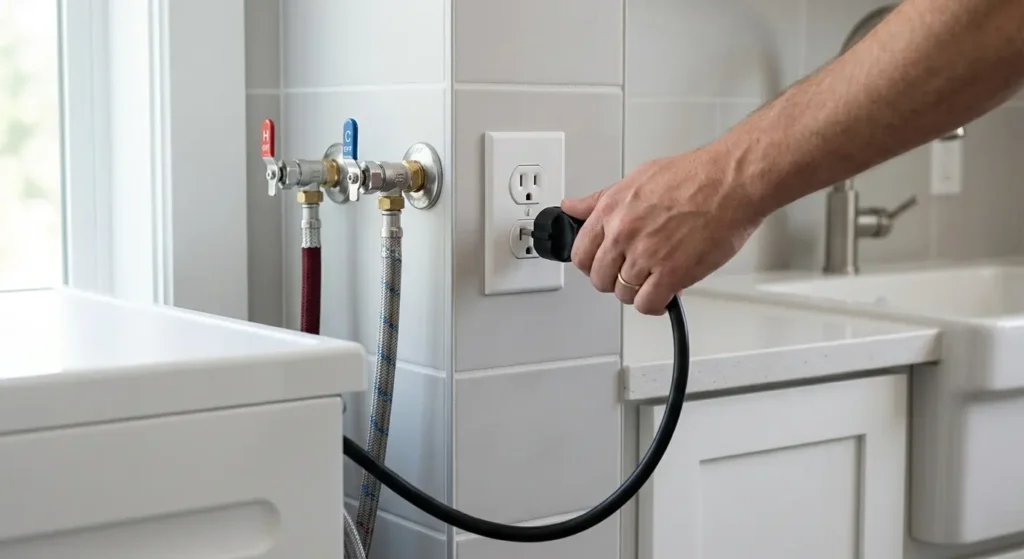 Hand unplugging a washer from the wall next to closed water valves before starting a repair