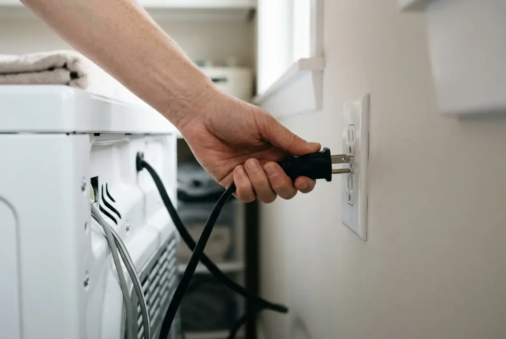 Hand unplugging a washing machine power cord from a wall outlet to reset the control board