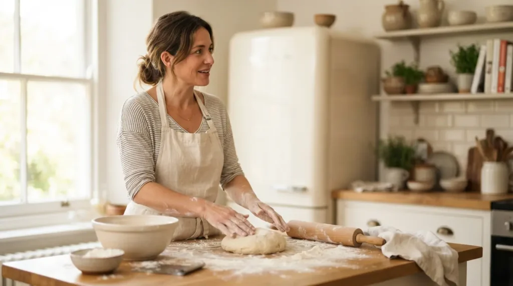 Woman with floury hands speaking toward a refrigerator while cooking