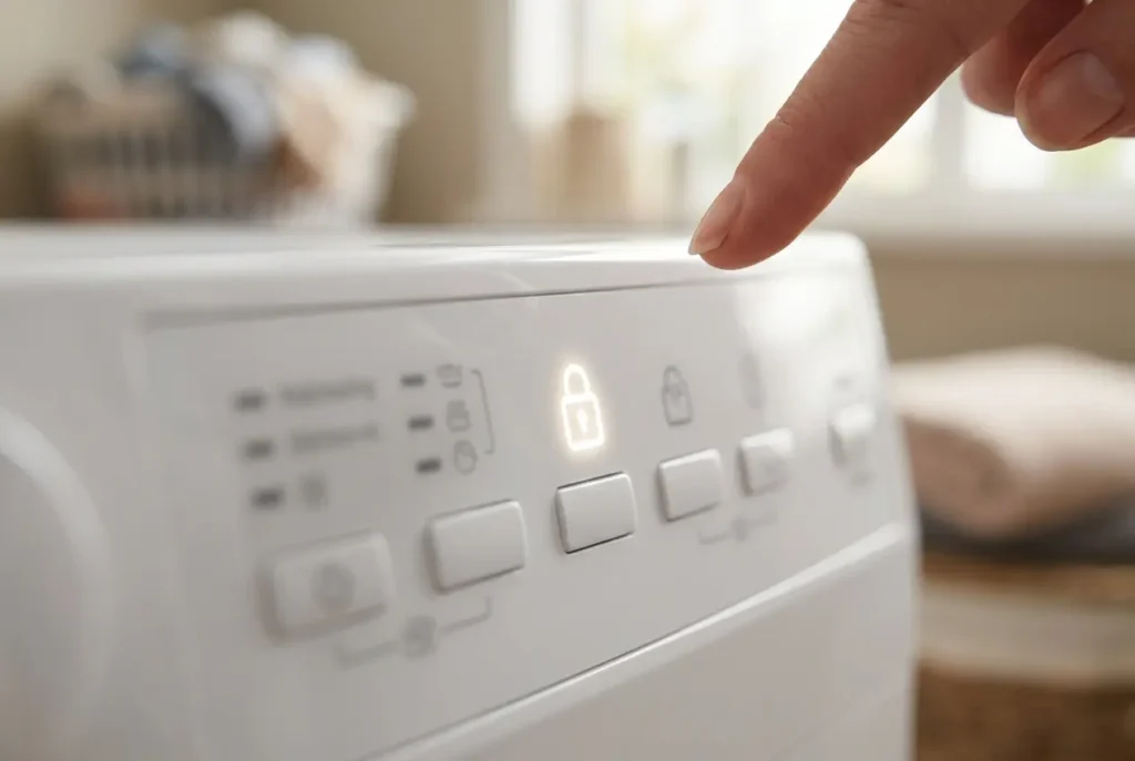Washer control panel with a lit padlock indicator showing control lock is on