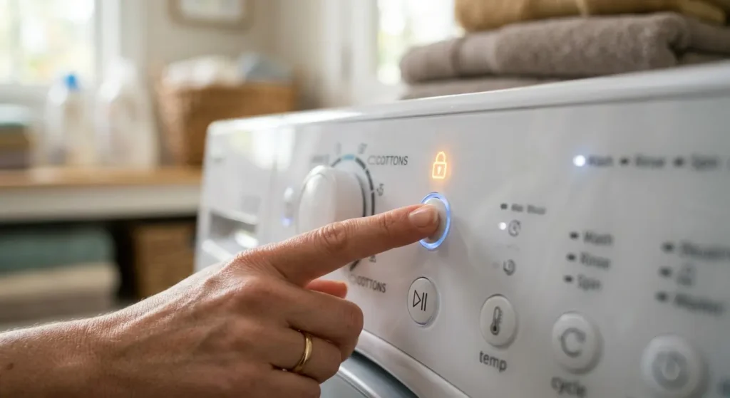 Frigidaire Washer Settings of a Finger holding a button on a washer control panel with the control lock indicator lit
