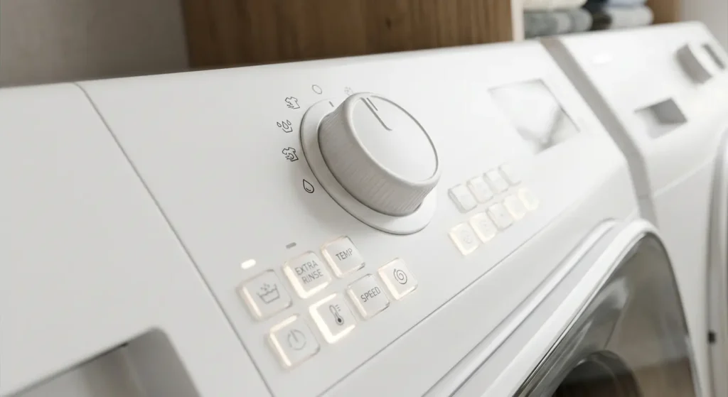 Close-up of a washer control panel with a cycle dial and lit option buttons