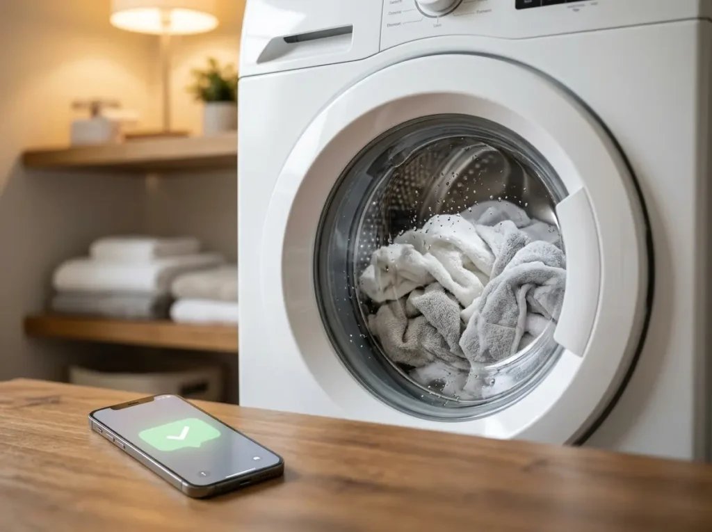 finished load still inside a closed washer with a reminder alert on a phone. GE SmartHQ Washer notification alert