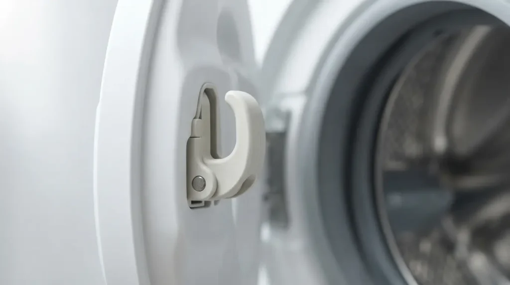 Close-up of the plastic strike hook on the inside of a front-load washer door