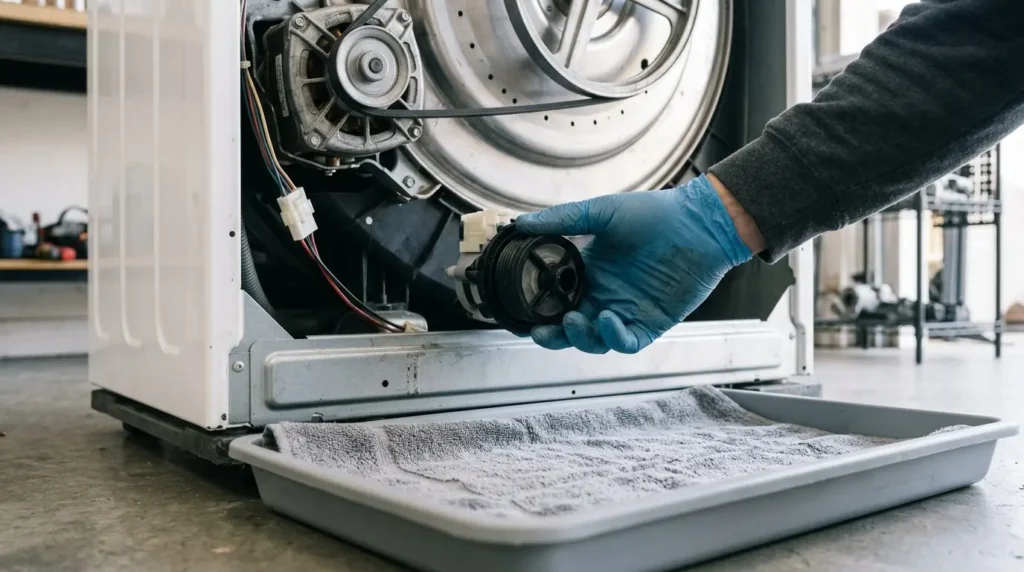 Technician unscrewing the drain pump filter behind the bottom access panel of a front-load washer