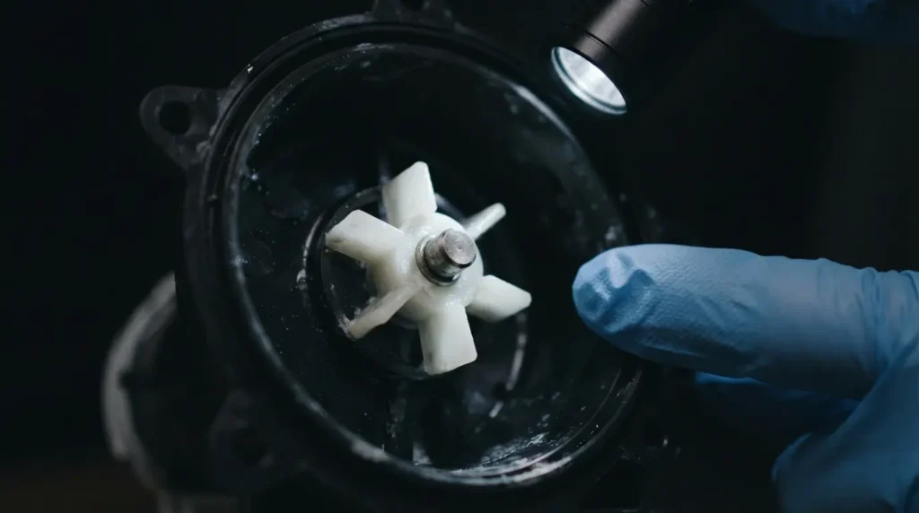 Flashlight beam on the small impeller fan inside a washer drain pump housing
