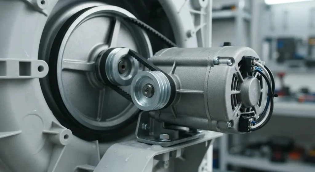 Washer drive motor with belt and pulley mounted beside the tub