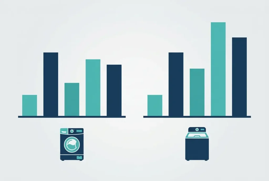 Illustrated bar chart comparing top-load and front-load washer service rates without labeled numbers