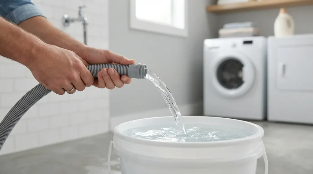 Water hose disconnected from a washer tap running a strong steady stream into a white bucket