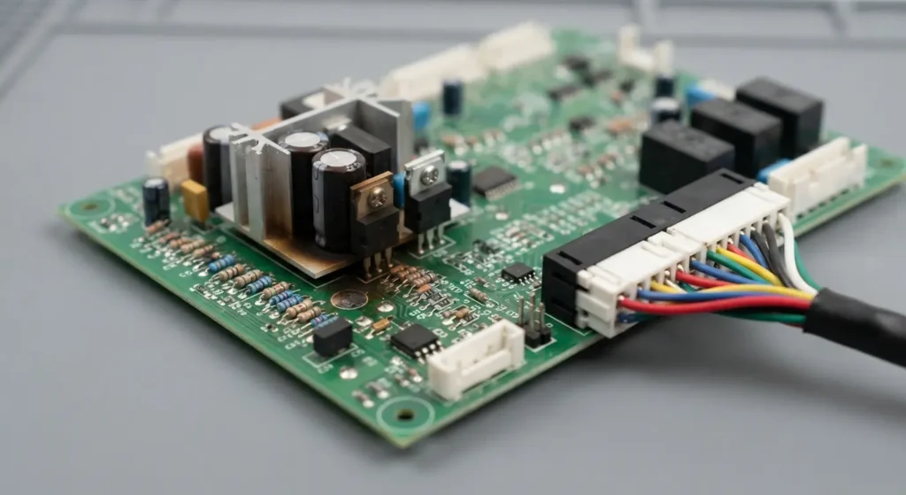 Washer motor control board showing a darkened heat mark near its power components