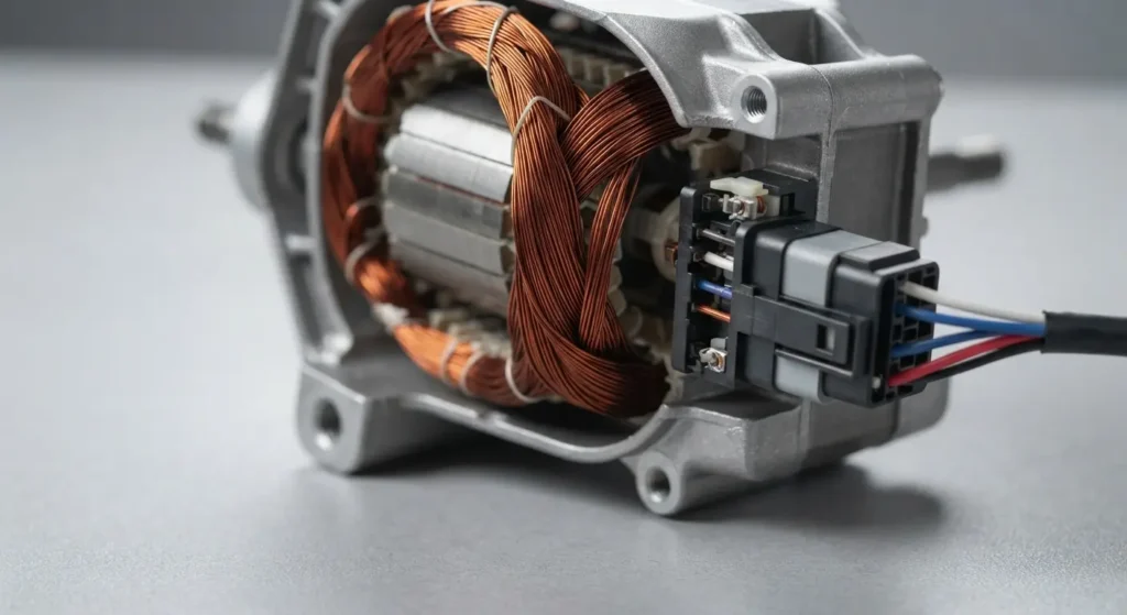 Washer motor with visible windings and a wire connector on a workbench