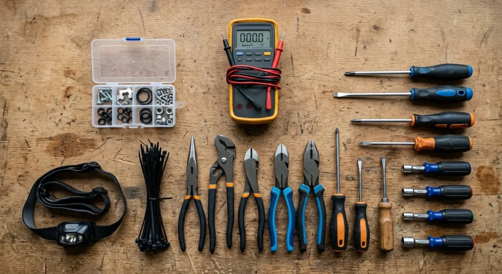 Frigidaire Washer Repair guide Flat-lay of basic tools needed for a DIY washer repair, including a multimeter, nut drivers and pliers
