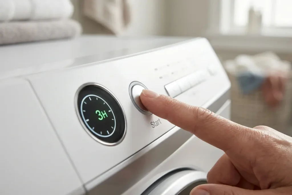Finger pressing the Start button on a washer panel with a delay indicator lit