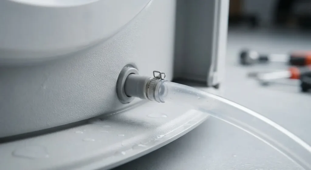Thin air tube attached to the pressure port at the bottom of a washer tub