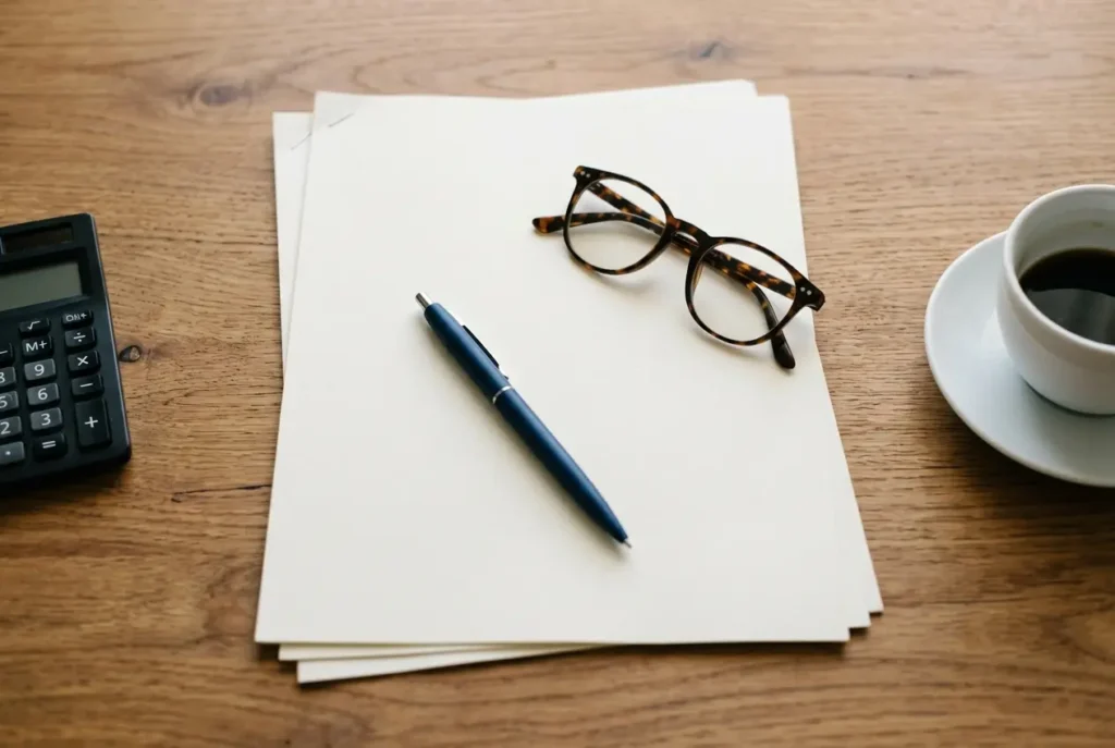 Desk with a blank warranty document, pen and reading glasses for reviewing washer warranty terms