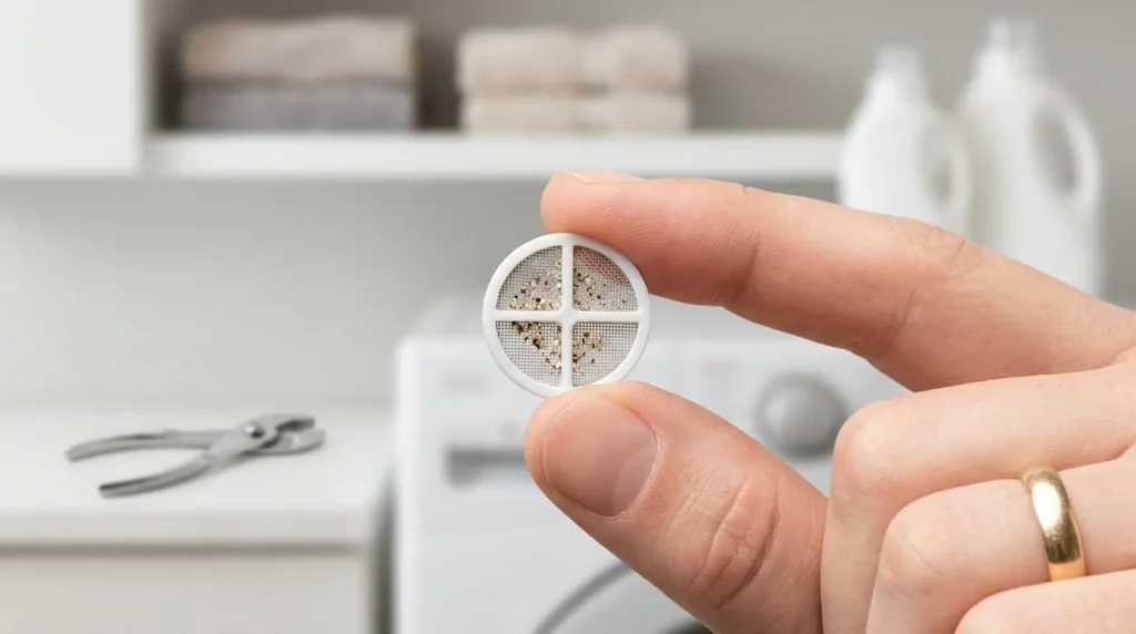 Frigidaire Washer Error Code guide, Small mesh inlet screen held in fingertips after removal from a washer water hose connection