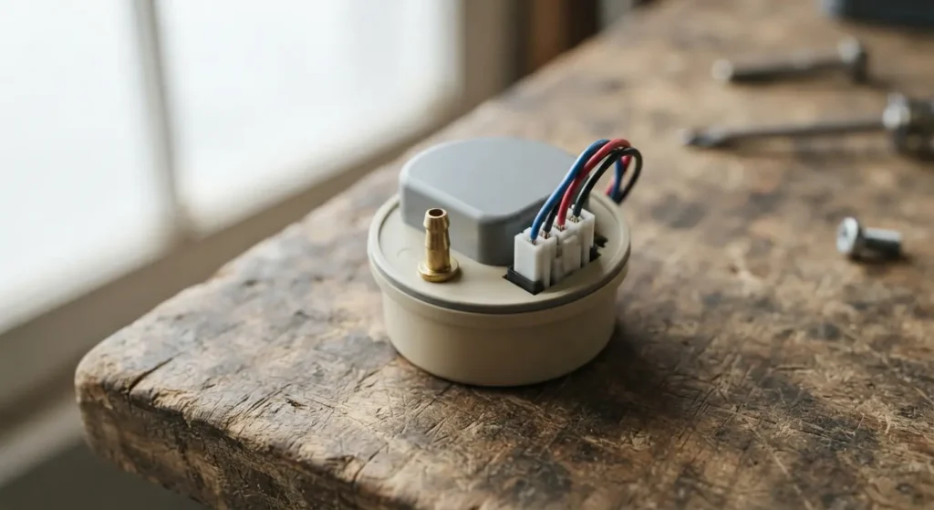 Washer water level pressure switch with its hose port and wire connector on a workbench