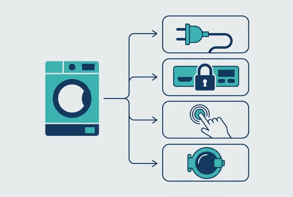 The icon diagram shows a Frigidaire washer that won’t start into power; control lock, start button, and door latch causes