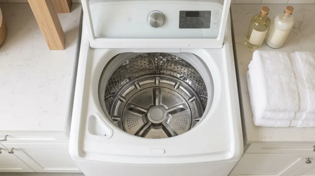 Open top-load washer showing the low-profile impeller basket used in the Whirlpool WTW7120HW