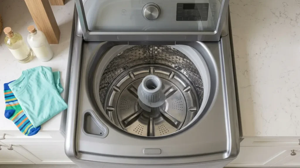 Open top-load washer showing the removable agitator in the Whirlpool WTW8127LC