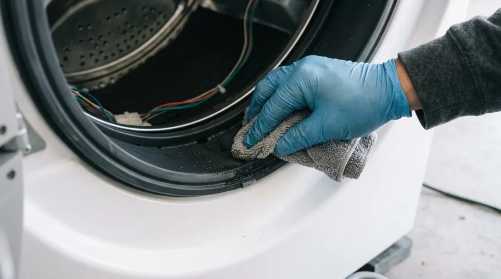 Hand wiping the rubber door gasket fold of a front-load washer with a microfiber cloth